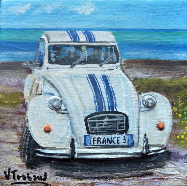 peinture toile miniature 2cv france 3 au bord de mer - Acrylique - Virginie TRABAUD