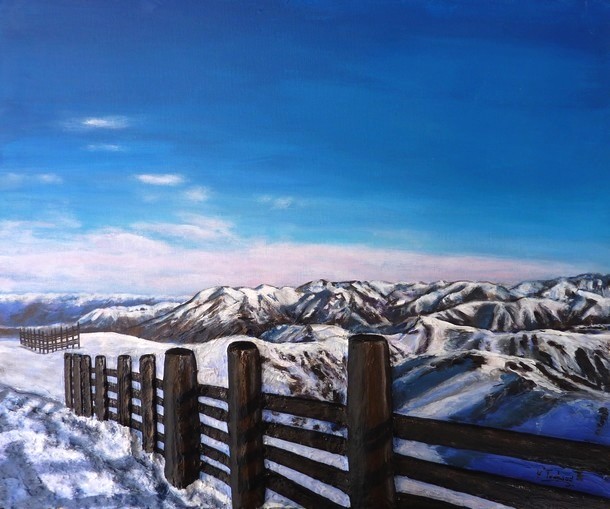 Peinture Paysage de montagnes sous la neige - Le mont Hutt - acrylique et sculpture au mortier en relief 3D - virginie Trabaud