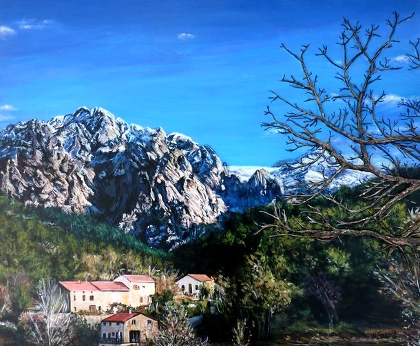 Peinture vue sur la montagne Corse Guagno lac de creno - Acrylique et Mortier en relief Virginie TRABAUD Artiste peintre