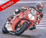 Motard sur circuit avec Moto rouge honda - Peinture acrylique - Copyright Virginie TRABAUD Artiste Peintre