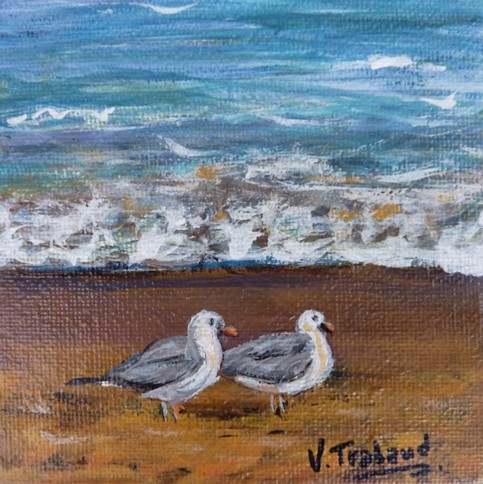 peinture mouettes sur la plage - tableau miniature - virginie trabaud artiste peintre