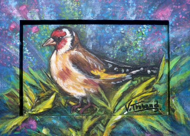 Peinture oiseau Chardonneret élégant - acrylique - Virginie TRABAUD Artiste Peintre