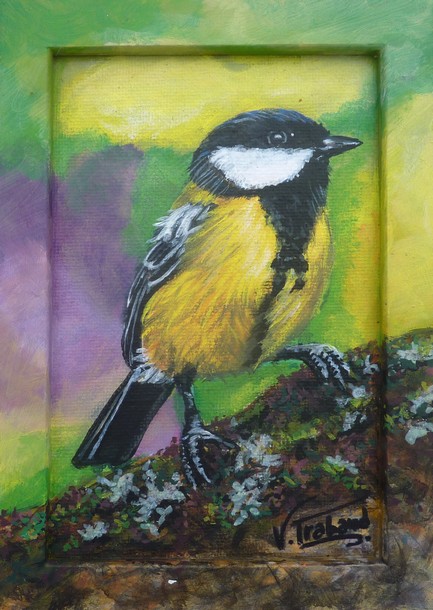 Peinture Mésange noire dans la nature - Virginie TRABAUD Peintre animalier acrylique