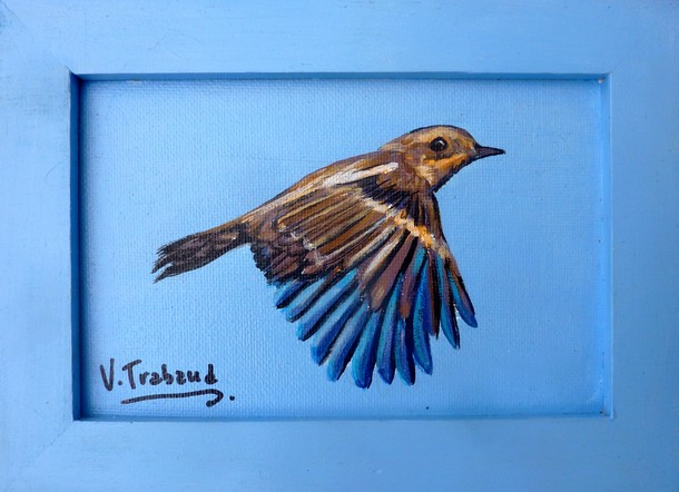 Peinture petit oiseau en vol dans le ciel bleu - acrylique Virginie TRABAUD Artiste Peintre Copyright