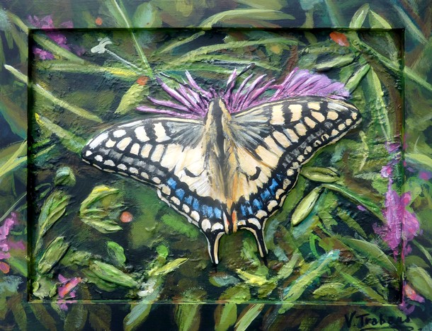 Peinture Papillon sur une fleur dans un jardin - Acrylique en relief 3D - Virginie TRABAUD Artiste Peintre