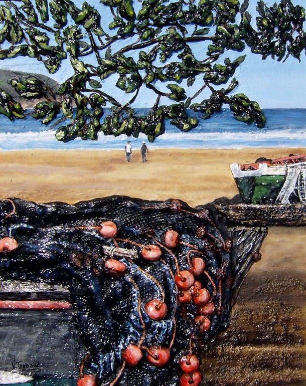 Peinture Barque de pêcheur sur la plage Martinie - acrylique et relief 3D Virginie TRABAUD