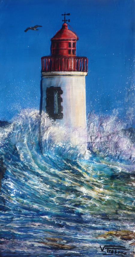Peinture Phare Rouge en pleine temp�te vague sculpture en relief 3D et r�sine - Virginie TRABAUD Artiste Peintre Professionnelle