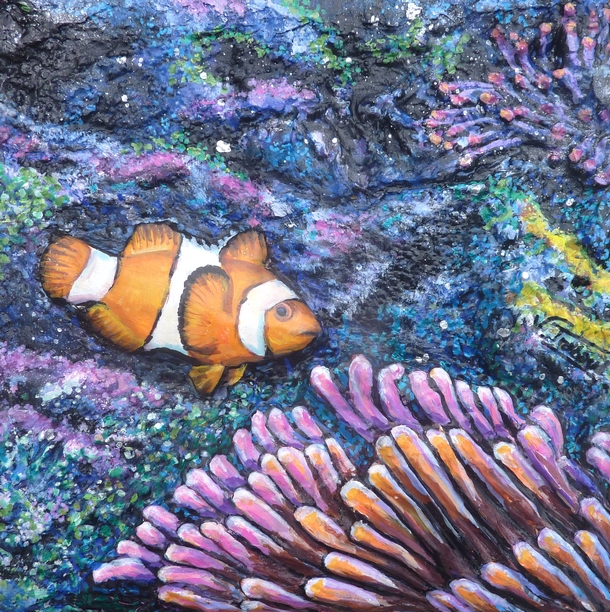 Peinture Poisson Clown et Anmone 3D - acrylique et sculpture au mortier en relief 3D - virginie Trabaud