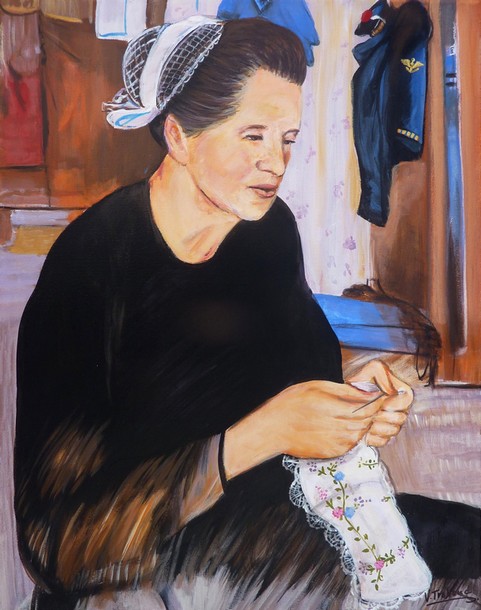 Peinture Portrait de femme Bretonne couturire - acrylique - Virginie Trabaud artiste peintre portraitiste