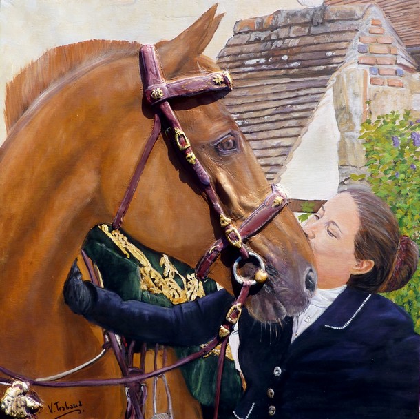 Peinture Portrait de Cavalière embrassant son cheval - cathy et mistic - acrylique et sculpture au mortier en relief 3D - virginie Trabaud