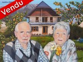 Peinture acrylique - Portrait d'un couple agé devant son chalet et jardin  - Cliquez sur l'image pour voir la fiche et l'agrandissement