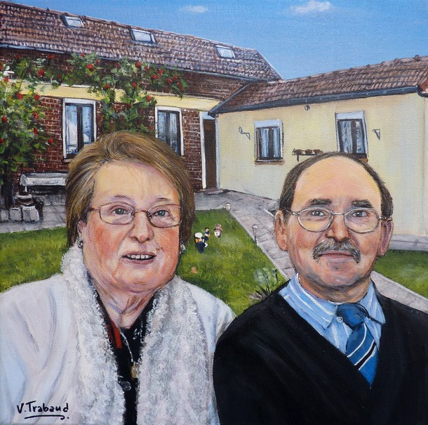 Peinture portraits couple devant leur maison - acrylique d'après photos - virginie trabaud