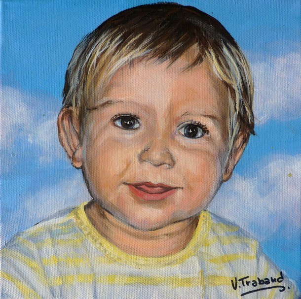 Peinture Portrait de petit garçon blond d'après photo - acrylique - Virginie Trabaud artiste peintre