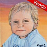 Portrait de petit garçon blond en tee-shirt bleu - Peinture acrylique d'après photo - Virginie Trabaud Artiste Peintre