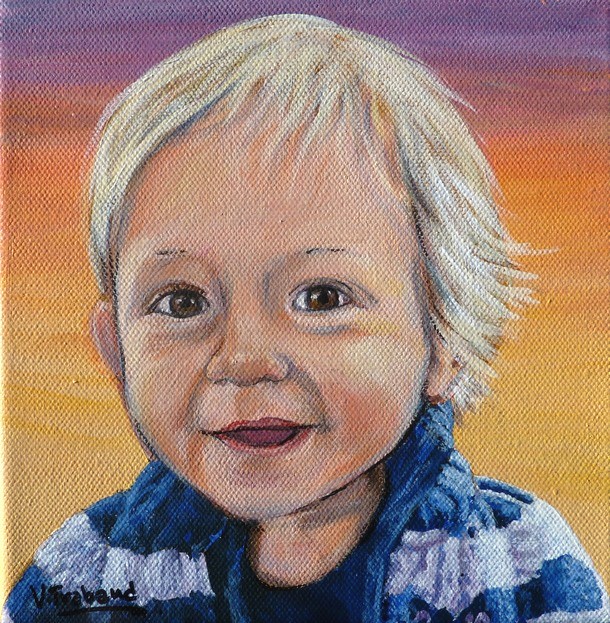 Peinture Portrait de garçon blond tee shirt bleu marine d'après photo - acrylique sur toile - Virginie Trabaud