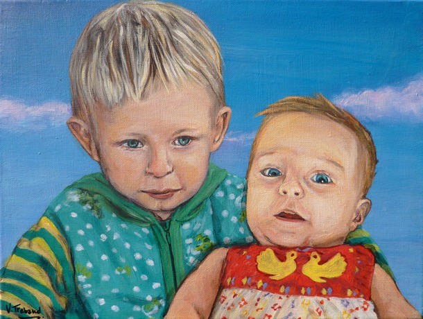 Peinture Portraits de petit garçon et bébé fille d'après photos - Virginie Trabaud Artiste Peintre Portraitiste