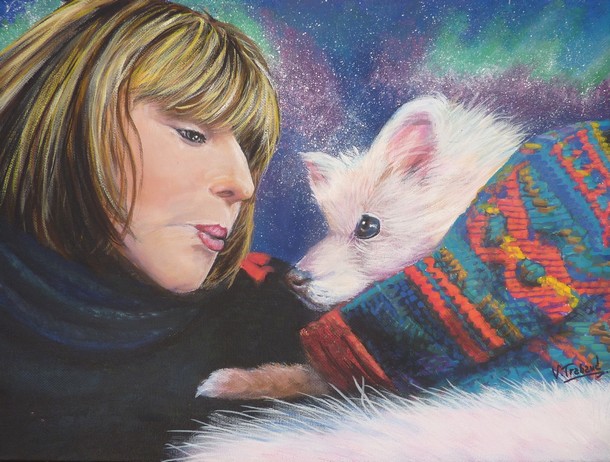 Peinture Portraits Femme et sa chienne blanche dcor constellation - Virginie TRABAUD