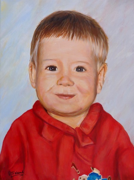 Peinture Portrait d'enfant blond au pull rouge - Virginie Trabaud Artiste Peintre