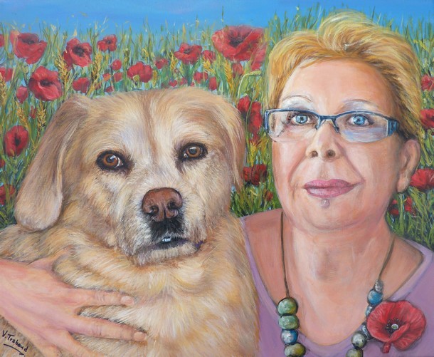portrait femme et son chien labrador sable - peinture acrylique- virginie trabaud