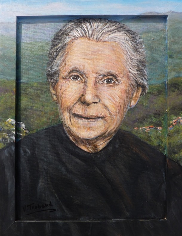 Peinture portrait d'une grand-mère corse noir et blanc colorisé - peinture acrylique virginie trabaud