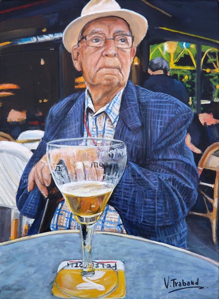 Peinture portrait d un homme âgé assis devant une bière - Acrylique - Virginie Trabaud