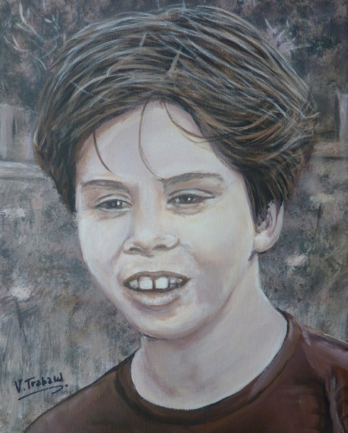 Portrait de jeune garon en spia - peinture acrylique - Virginie TRABAUD Artiste Peintre
