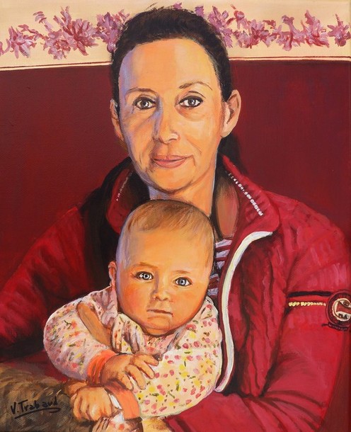 Peinture portraits mère et bébé fille - acrylique sur toile d'après photos - Virginie TRABAUD