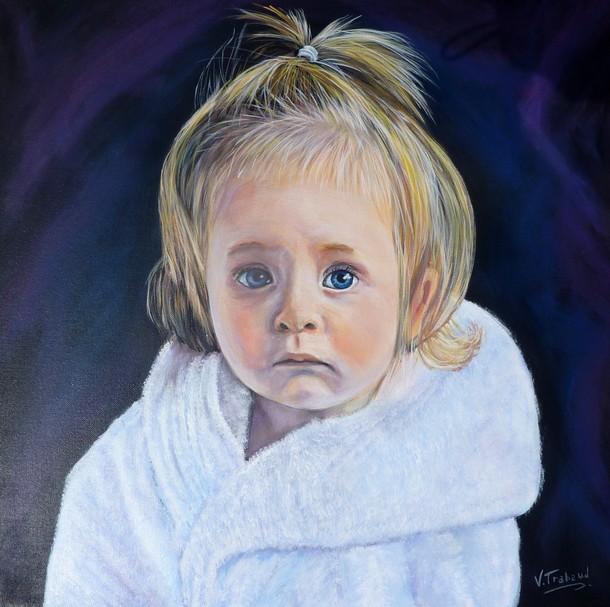 Portrait petite fille blonde - Peinture acrylique d'aprs photo - Virginie Trabaud Artiste Peintre