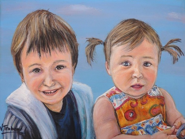 Peinture portrait d'enfants  petit garçon et petite fille avec des couettes - d'après photos -  virginie trabaud
