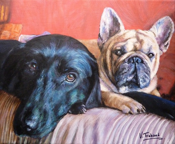 Peinture portrait de chiens labrador et bulldog - virginie trabaud