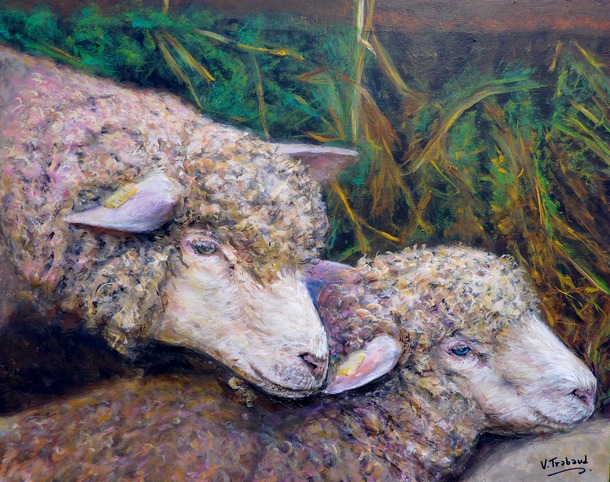 Peinture Portrait de brebis et agneau moutons - acrylique et sculpture au mortier en relief 3D - virginie Trabaud