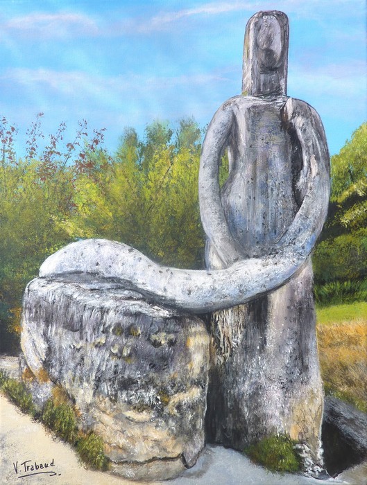 Peinture Statue de femme en pierre à Provins - Acrylique - Virginie TRABAUD