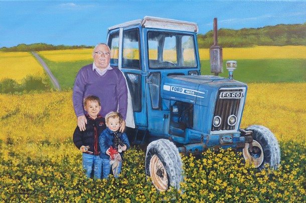 tracteur ford 4600 bleu - tableau de peinture acrylique - Champs colza portrait grand-père et ses enfants - Virginie TRABAUD copyright