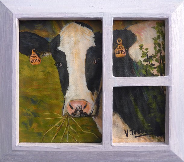 Peinture Acrylique - Portrait de Vache et Fenêtre - Virginie TRABAUD Artiste Peintre