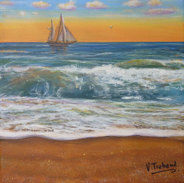 Peinture Vagues sur la plage avec coucher de soleil - acrylique Virginie TRABAUD
