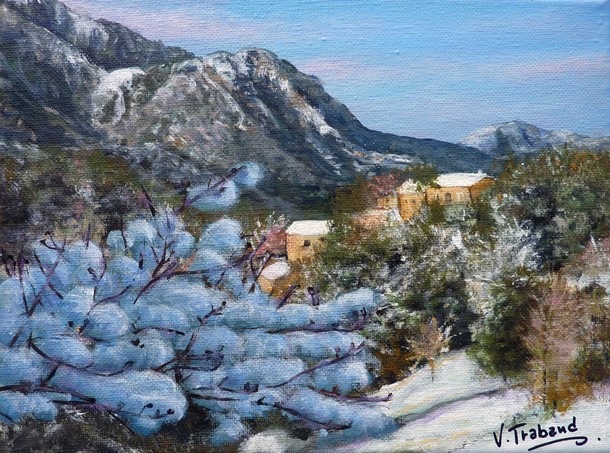 Peinture village de corse en hiver guagno - acrylique sur toile - virginie trabaud artiste peintre