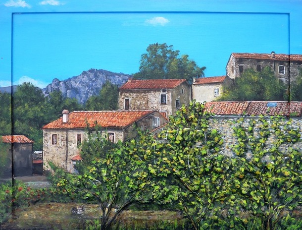 Peinture Maisons de village Corse en haute montagne Guagno - acrylique et sculpture au mortier en relief 3D - virginie Trabaud