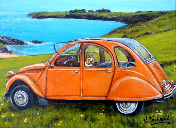 Peinture 2cv orange mandarine - chien bouledogue - Bord de mer - Virginie TRABAUD Artiste peintre