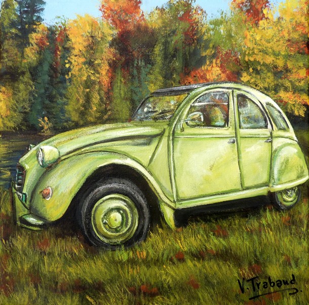 2cv vert pomme - tableau peinture acrylique - Virginie TRABAUD