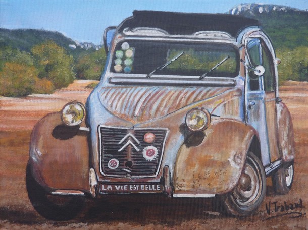 Tableau de peinture 2cv AZ Rouill vintage - acrylique Virginie TRABAUD