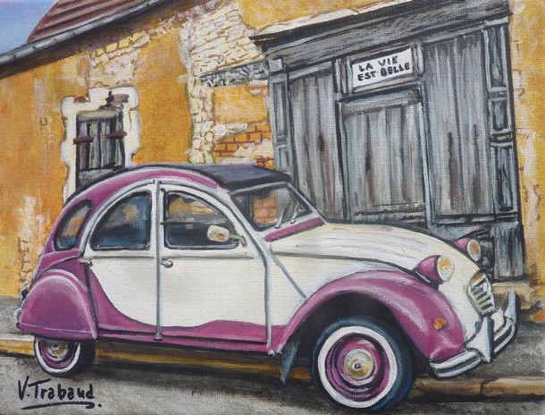 Tableau de peinture 2cv blanche et violette rue vintage - virginie TRABAUD