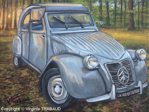 Tableau de peinture 2cv grise type A lever de soleil en forêt - Acrylique - Virginie TRABAUD Artiste peintre