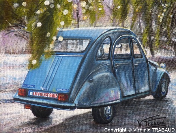 Tableau de peinture 2cv6 bleu celeste en forêt hivernale - virginie Trabaud Artiste Peintre