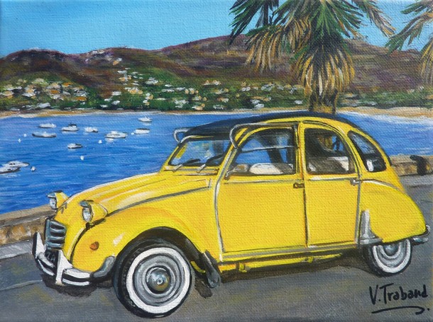 Tableau de peinture 2cv jaune plage de solenzara corse - virginie Trabaud Artiste Peintre