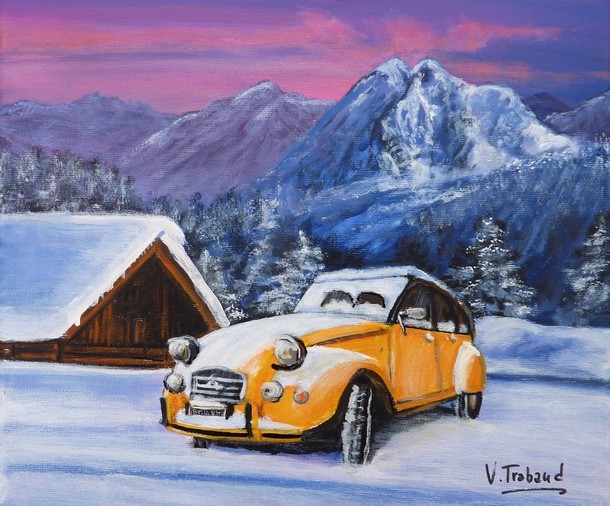 peinture 2cv jaune et paysage de neige - acrylique - virginie trabaud artiste peintre