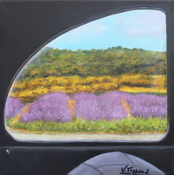 peinture Champs de lavande Fenêtre de 2cv - acrylique - Virginie TRABAUD Artiste Peintre 
