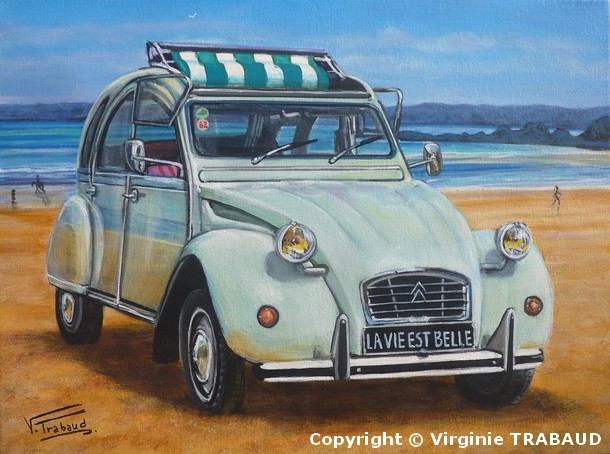 Tableau de peinture 2cv verte sur une plage de bretagne - virginie Trabaud Artiste Peintre