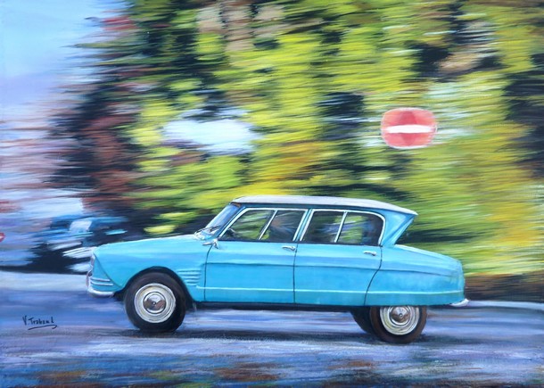 Peinture Ami 6 Bleue à toute vitesse - Acrylique et relief en 3D - Virginie TRABAUD