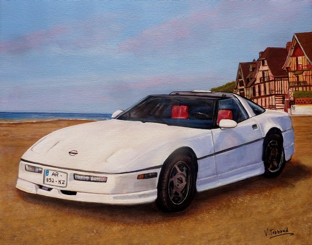 Peinture Chevrolet Corvette blanche GT spirit sur la plage de Trouville - Virginie TRABAUD Copyright