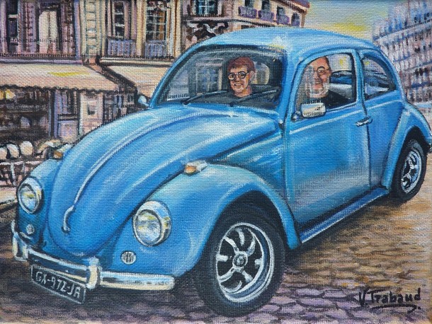 Peinture voiture Coccinelle bleue en ville style vintage - Acrylique Virginie TRABAUD Copyright